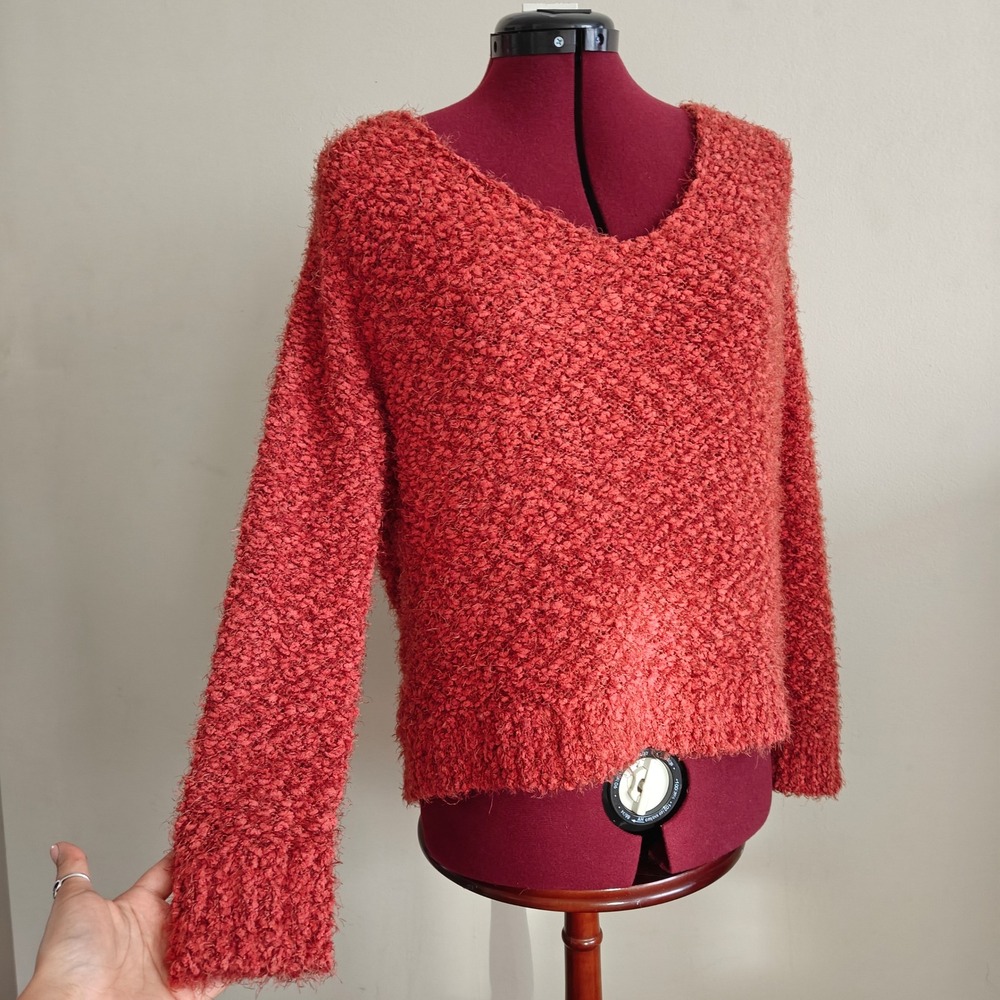 Poof Apparel Womens Sweater Chunky Knit Popcorn V‎ Neck Pull Over Orange Small